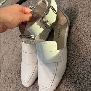 Jeffrey Campbell White Loafers with Silver Buckle